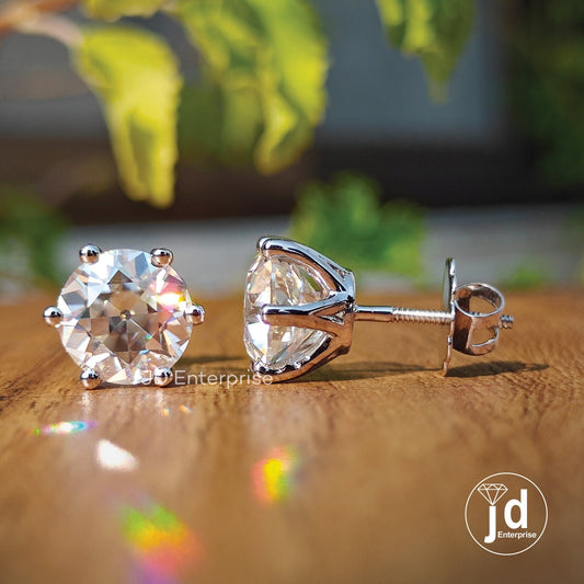 6.00 TW Round Old European Cut Colorless Moissanite Stud Earrings, Six Prong Wedding Earrings, Engagement Gifts Earrings, Screw Back, Bridal
