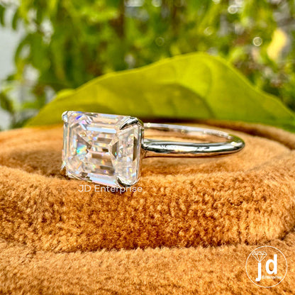 2.50 CT Colorless Emerald Cut Moissanite Engagement Ring, Solitaire Wedding Ring, East to West Set Ring, Claw Prongs, Anniversary Gifts