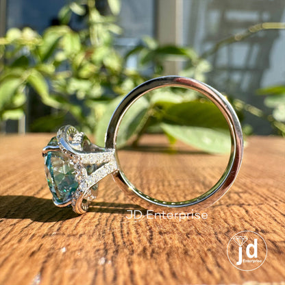 Gorgeous 4.20 CT Cyan Blue Portuguese Cut Moissanite Half Halo Engagement Ring, Hidden Halo Wedding Ring, Bridal Set Ring, Anniversary Ring