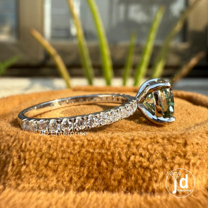 Cushion Moissanite Wedding Ring, 1.50 CT Blue Green Moissanite Bridal Ring, Accent Set Engagement Ring, 10K White Gold Anniversary Gift Ring