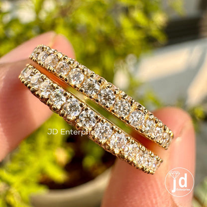 Two Row Pave Wedding Band Set, Moissanite Half Eternity Band, Two Matching Band for Trio Ring Set, Anniversary Gift Band for Engagement Ring