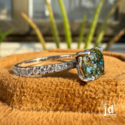 Cushion Moissanite Wedding Ring, 1.50 CT Blue Green Moissanite Bridal Ring, Accent Set Engagement Ring, 10K White Gold Anniversary Gift Ring
