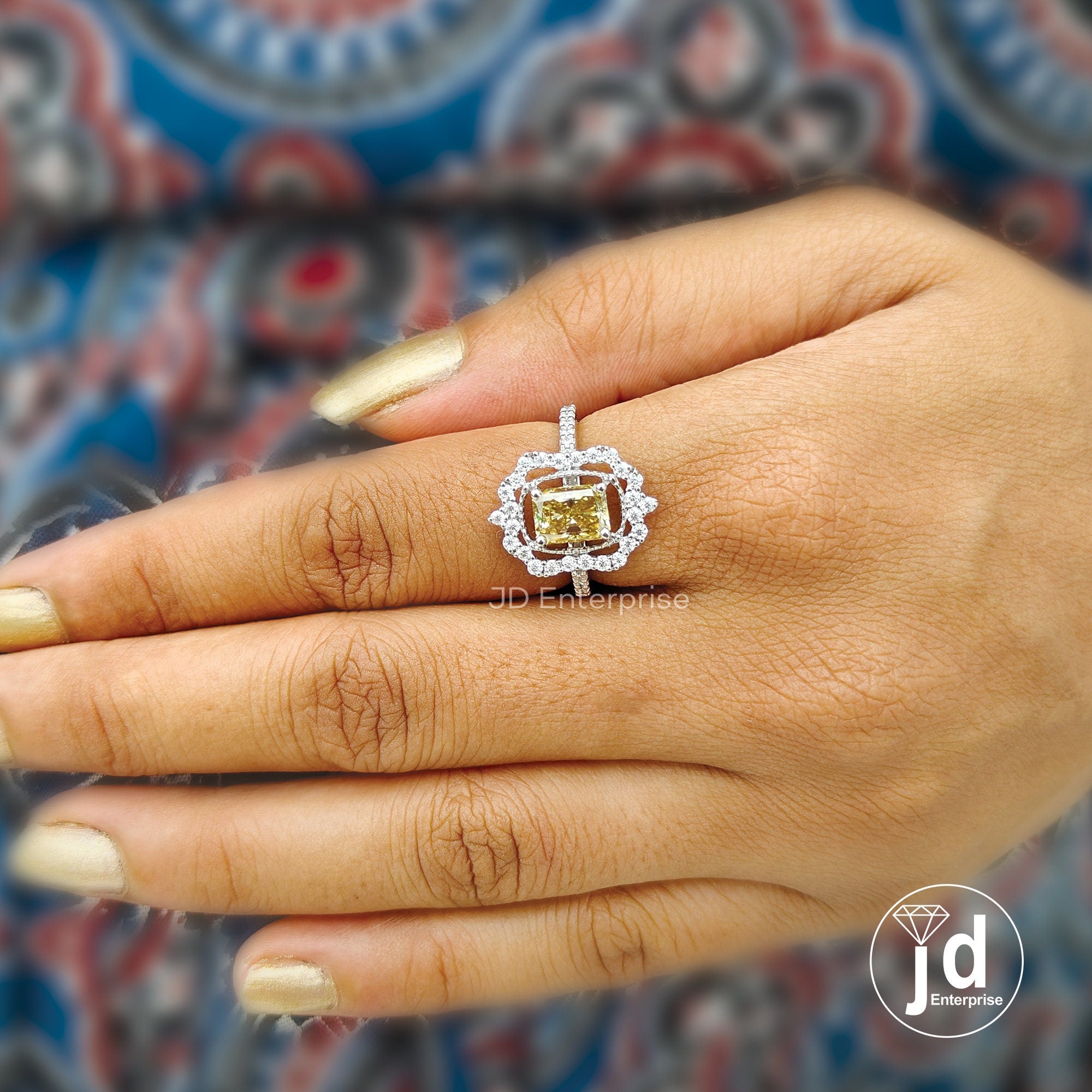 1.50 CT Radiant Cut Canary Yellow Moissanite Engagement Ring, Flower Style Halo Wedding Ring, Milgrain Ring, Art Deco Accent Bridal Ring Set