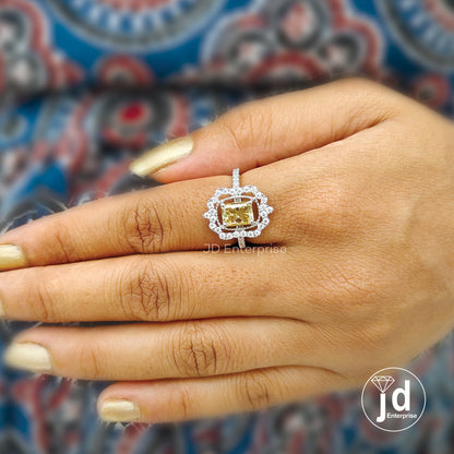 1.50 CT Radiant Cut Canary Yellow Moissanite Engagement Ring, Flower Style Halo Wedding Ring, Milgrain Ring, Art Deco Accent Bridal Ring Set