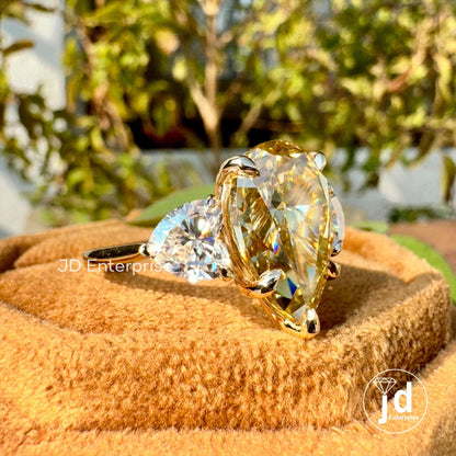 7.80 TCW Pear Cut Canary Yellow Moissanite Engagement Ring, Three Stone Wedding Ring with Heart Accents, 10k/14k/18k Yellow Gold Bridal Ring