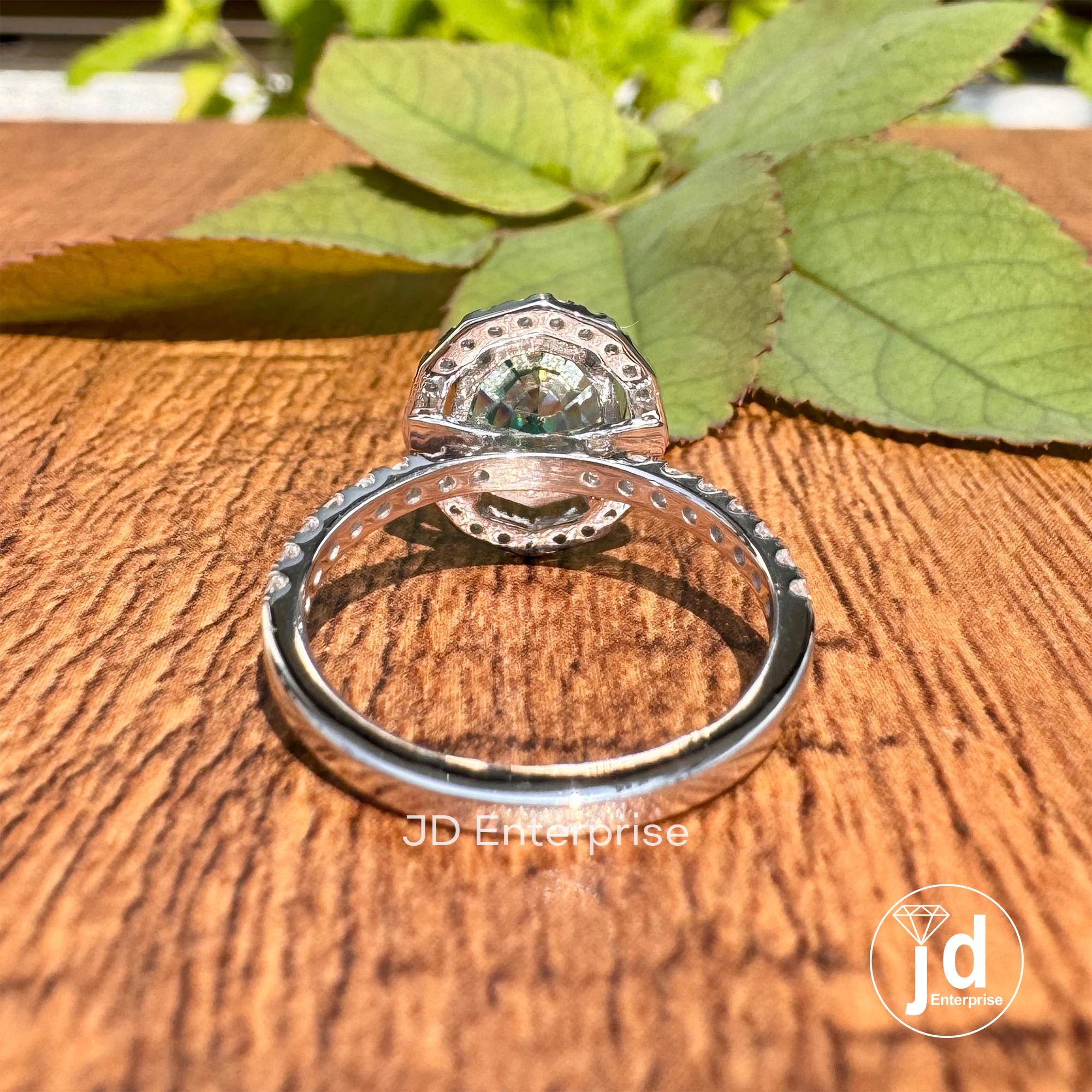 3 CT Bluegreen Moissanite Anniversary Ring, Step Cut Oval Wedding Ring, Halo Engagement Ring, Round Assent Set Bridal Ring, Proposal Ring