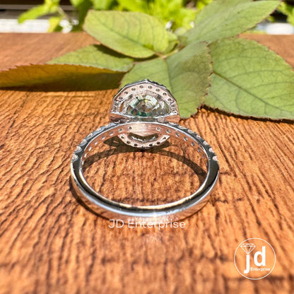 3 CT Bluegreen Moissanite Anniversary Ring, Step Cut Oval Wedding Ring, Halo Engagement Ring, Round Assent Set Bridal Ring, Proposal Ring