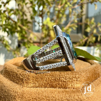 6.50 CT Bezel Set Emerald Cut Bluegreen Moissanite Engagement Ring, Celebrity Style Halo Wedding Ring, Split Pave Bridal Ring, Anniversary