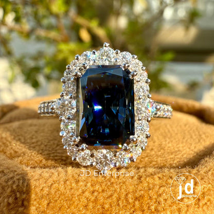 Vintage Engagement Ring, 3.12 TCW Radiant Cut Dark Blue Moissanite Wedding Ring, Flower Style Halo Ring, Double Prongs, Anniversary Gift