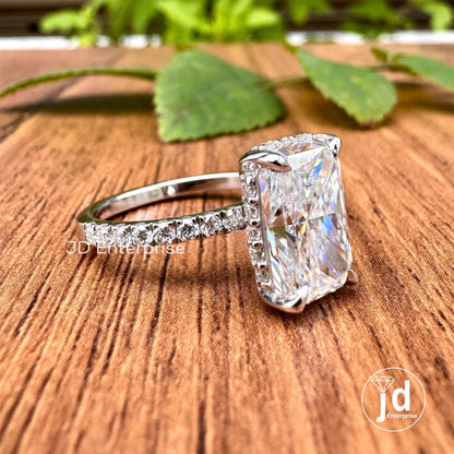 3.00 CT Colorless Elongated Radiant Cut Engagement Ring, Hidden Halo Ring, Accent Wedding Ring, Bridal Ring, Anniversary Gift, Promise Ring