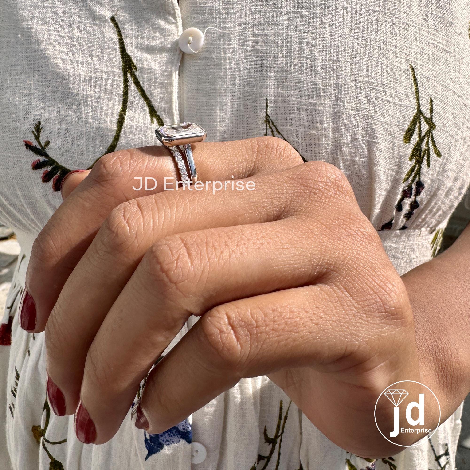 4.85 TCW Emerald Cut Colorless Moissanite Engagement Ring, Full Eternity Moissanite Wedding Band, Bezel Set Solitaire Bridal Ring Set