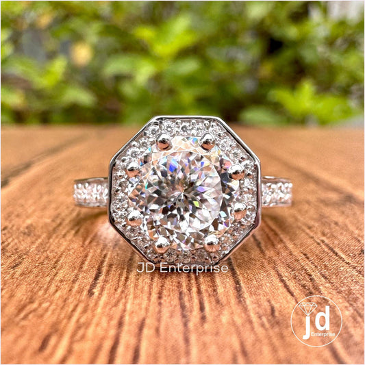 1.50 CT Portuguese cut Colorless Moissanite Engagement Ring, Halo Wedding Ring, Side Stone Round Pave Ring, Octagon Shape Bridal Ring