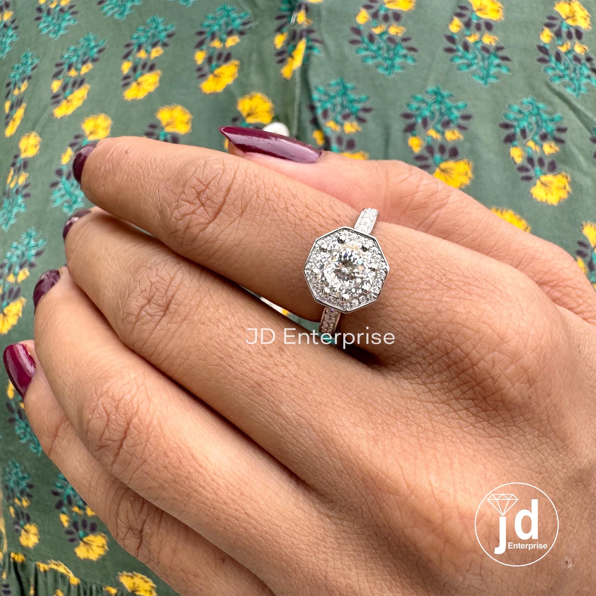 1.50 CT Portuguese cut Colorless Moissanite Engagement Ring, Halo Wedding Ring, Side Stone Round Pave Ring, Octagon Shape Bridal Ring