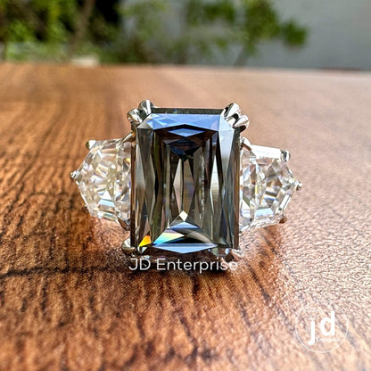 Three Stone Engagement Ring, Large 5.50 CT Criss Cut Grey Moissanite Wedding Ring, Cadillac Cut Cocktail Ring, Trilogy Ring, Bridal Ring