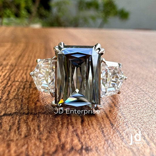 Three Stone Engagement Ring, Large 5.50 CT Criss Cut Grey Moissanite Wedding Ring, Cadillac Cut Cocktail Ring, Trilogy Ring, Bridal Ring