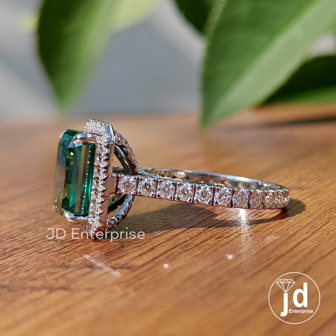 5.00 CT Criss Cut Green Moissanite Engagement Ring, Bridge Petite Pave Halo Wedding Ring, Full Eternity Band, Bridal Ring, Anniversary Ring