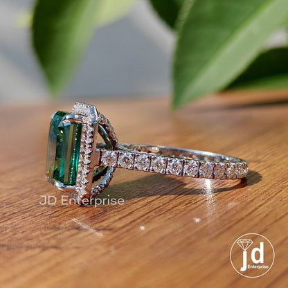 5.00 CT Criss Cut Green Moissanite Engagement Ring, Bridge Petite Pave Halo Wedding Ring, Full Eternity Band, Bridal Ring, Anniversary Ring