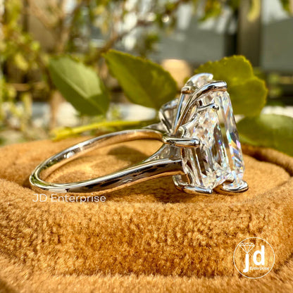 11.00 TCW Large Radiant Cut Moissanite Engagement Ring, Three Stone Celebrity Style Wedding Ring, Trapezoid Cut, Claw Prongs, Bride Ring Set