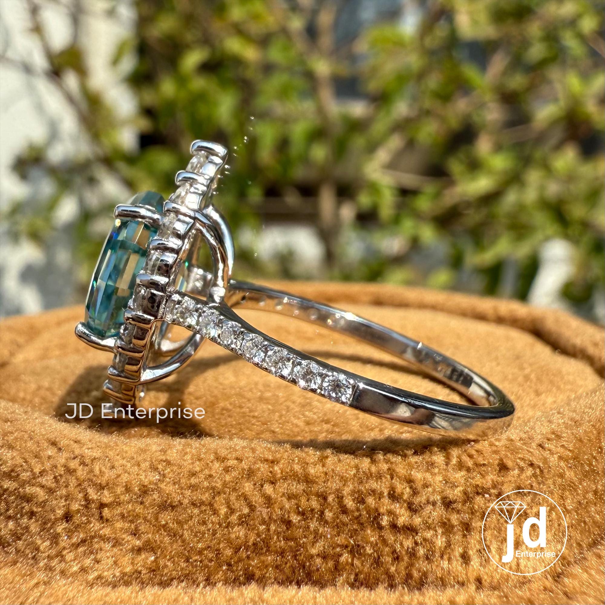 3.00 CT Blue Oval Step Cut Moissanite Engagement Ring, Cluster Halo Wedding Ring, Pave Set Bridal Ring, Anniversary Gifts Ring, Promise Ring