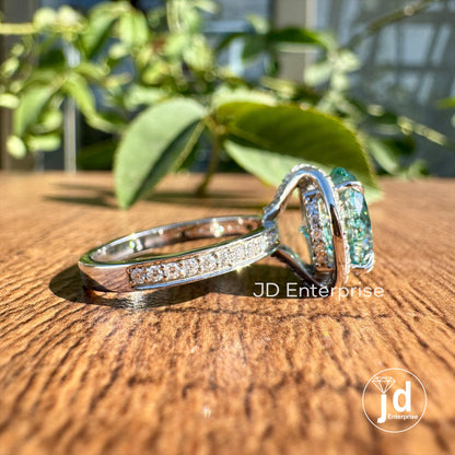 Gorgeous 4.20 CT Cyan Blue Portuguese Cut Moissanite Half Halo Engagement Ring, Hidden Halo Wedding Ring, Bridal Set Ring, Anniversary Ring