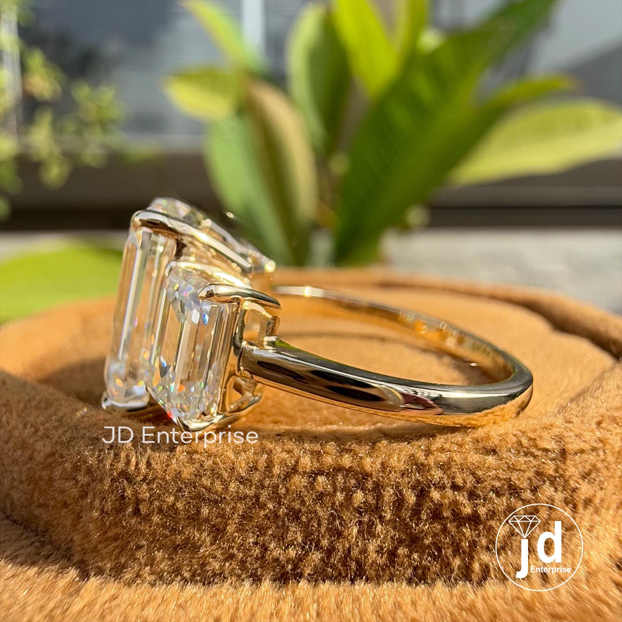 Three Stone Emerald Cut Moissanite Engagement Ring, 6.50 TCW Colorless Emerald Cut Wedding Ring, Claw Prongs, Bridal Ring, Anniversary Gifts