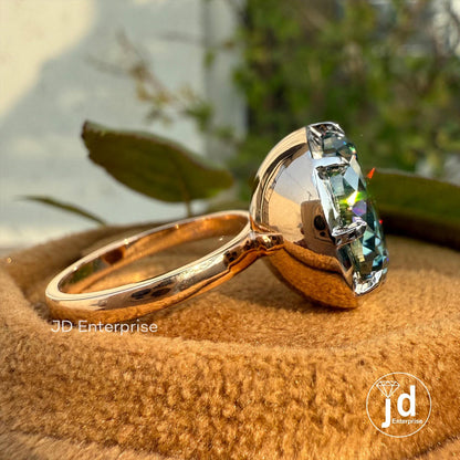 Two-Tone Bezel Engagement Ring, 7.75 CT Portuguese Cut Greenish Blue Moissanite Ring, Classic Solitaire Wedding Ring, Anniversary Gift