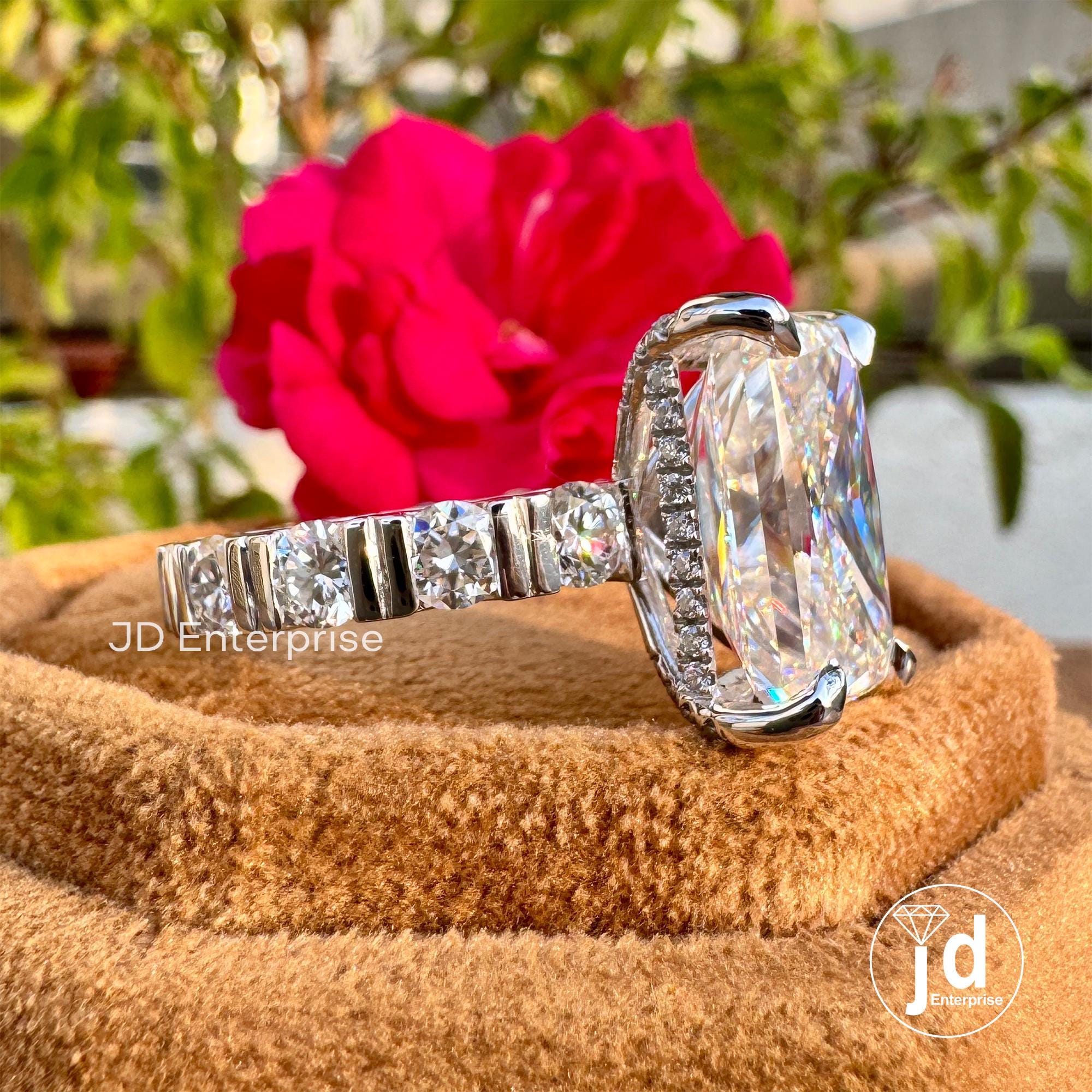 10.23CT Large Radiant Cut Moissanite Engagement Ring, Celebrity Style Solitaire Wedding Ring, Hidden Halo Bridal Ring, Bar Set Eternity Band