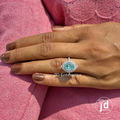 3.00 CT Blue Oval Step Cut Moissanite Engagement Ring, Cluster Halo Wedding Ring, Pave Set Bridal Ring, Anniversary Gifts Ring, Promise Ring