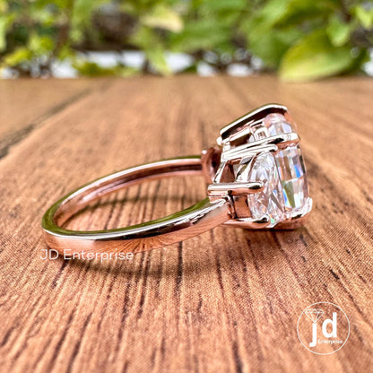 4.10 TCW Oval Step Cut & Half Moon Moissanite Engagement Ring, Three Stone Wedding Ring, 10k Rose Gold Ring for Women, Six Prong Bridal Ring