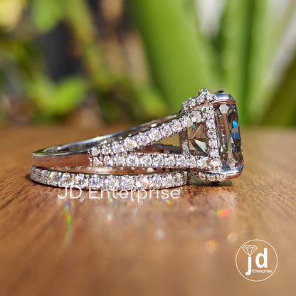 5.00 CT Cushion Cut Light Grey Moissanite Engagement Ring, Hidden Halo Wedding Set, Bridal Set, Eternity Band, Pave Split Shank Ring for Her