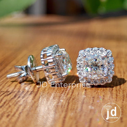 Cushion Cut Moissanite Earrings for Women, Screw Back Earrings, Anniversary Gifts, Halo Moissanite Bridal Earrings, Wedding Earrings