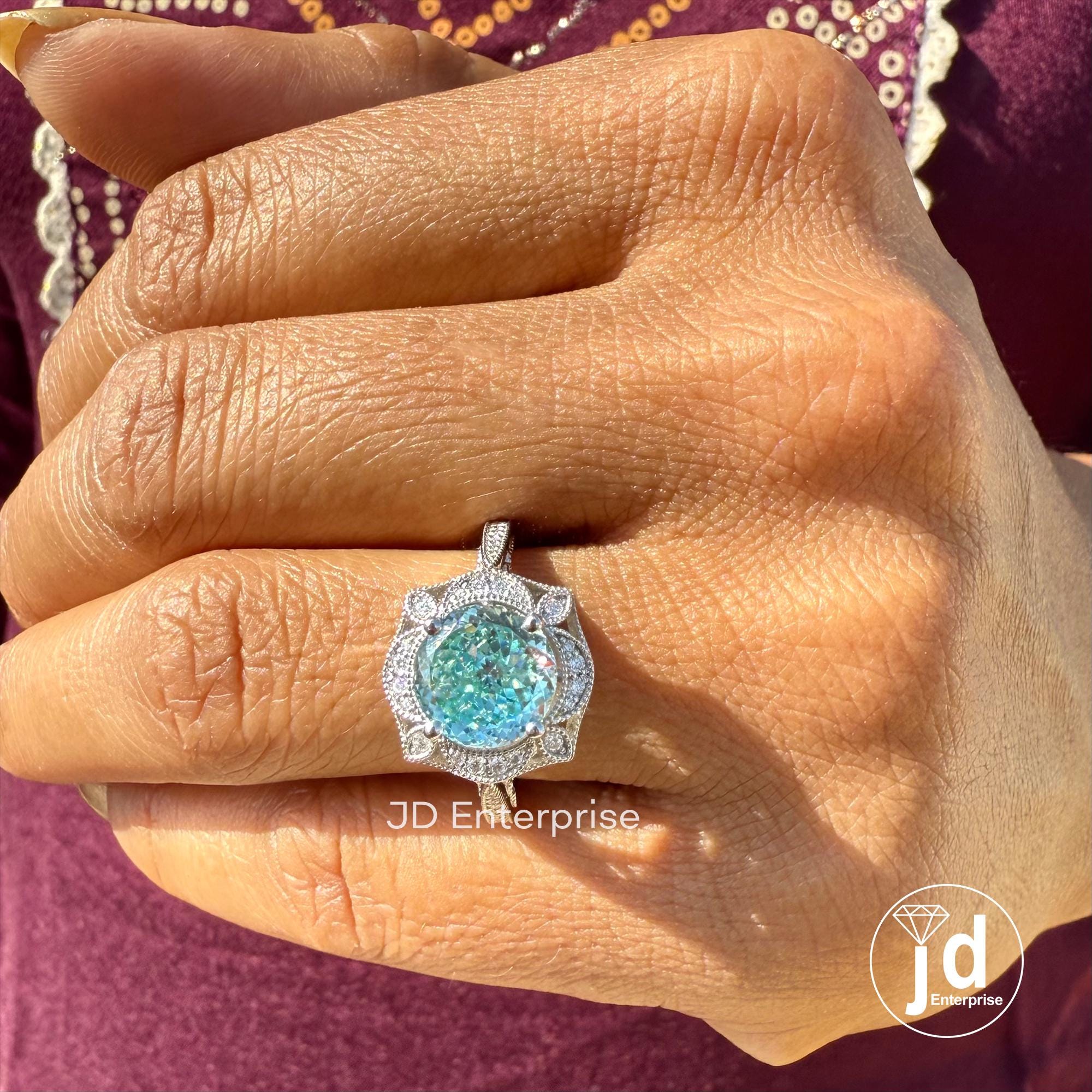 2.50 CT Cyan Blue Portuguese Halo Engagement Ring, Art Deco Wedding Ring, Nature Inspired Floral Ring, Vintage Filigree Anniversary Ring