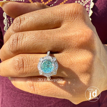 2.50 CT Cyan Blue Portuguese Halo Engagement Ring, Art Deco Wedding Ring, Nature Inspired Floral Ring, Vintage Filigree Anniversary Ring