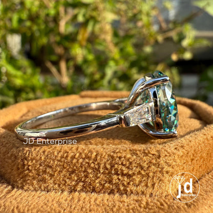 7.50 CT Portuguese Cyan Blue Moissanite Engagement Ring, Three Stone Wedding Ring, Side Tapered Baguette Moissanite, Anniversary Gifts