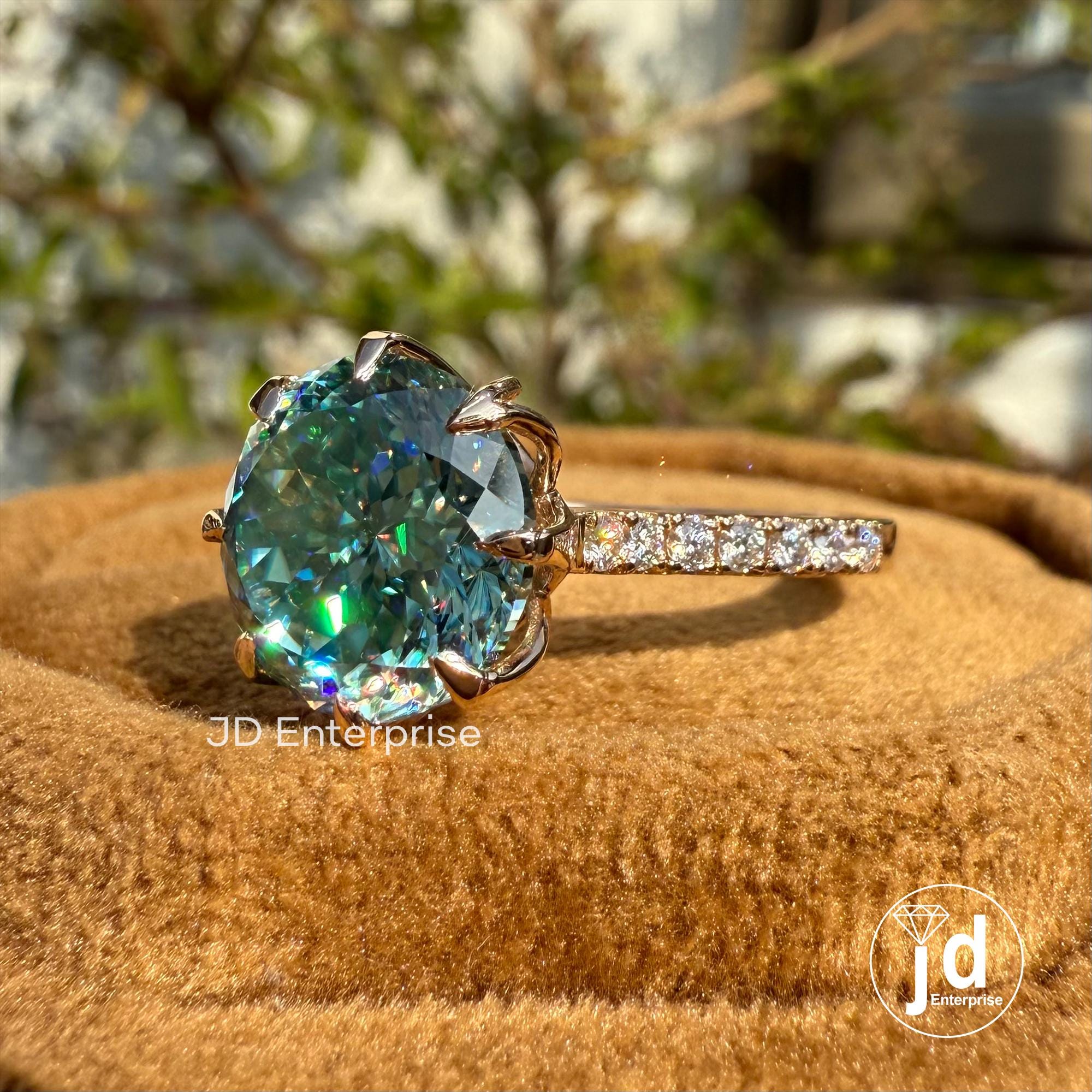 Vintage Engagement Ring, 4.00 CT Portuguese Cut Cyan Blue Moissanite Ring, Claw Prongs Rose Gold Wedding Ring, Accent Anniversary Gifts