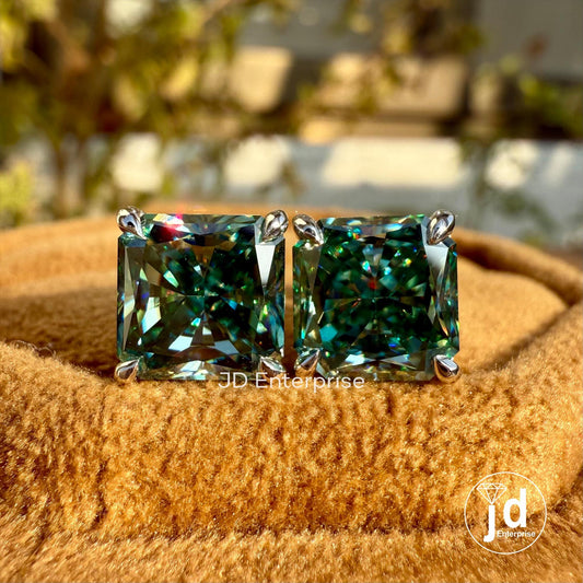 5.00 TCW Radiant Cut Greenish Blue Moissanite Stud Earrings for Women, Claw Prongs, Wedding Earrings, Bridal Earrings, Engagement Earrings