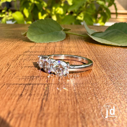 1.50TW Round Cut Light Grey Moissanite Engagement Ring, Three Stone Wedding Ring, White/Yellow/Rose Gold Promise Ring, Anniversary Gift
