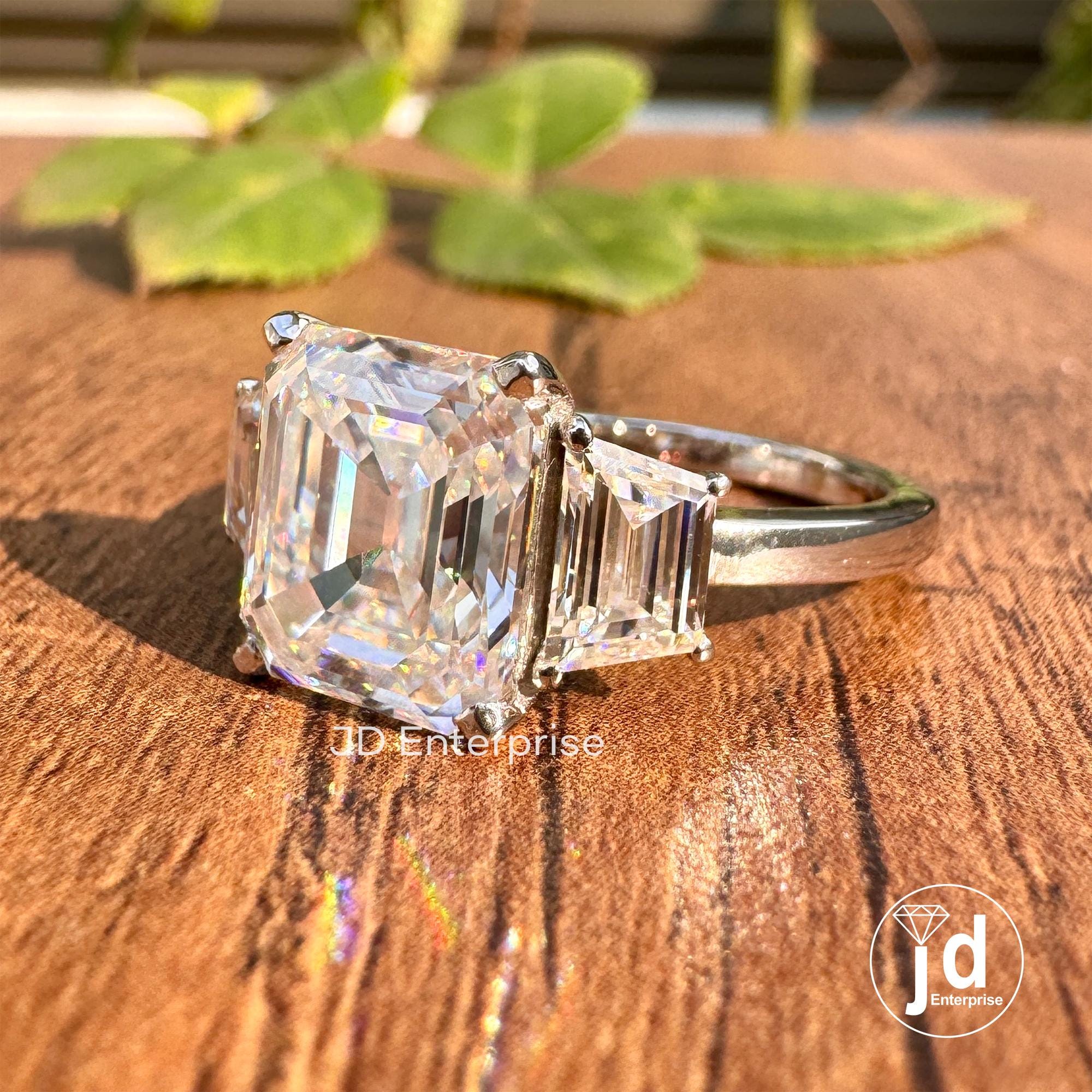 4.00CT Old Mine Emerald Cut Colorless Moissanite Engagement Ring, Three Stone Wedding Ring, Vintage Proposal Ring, Anniversary Gift Ring