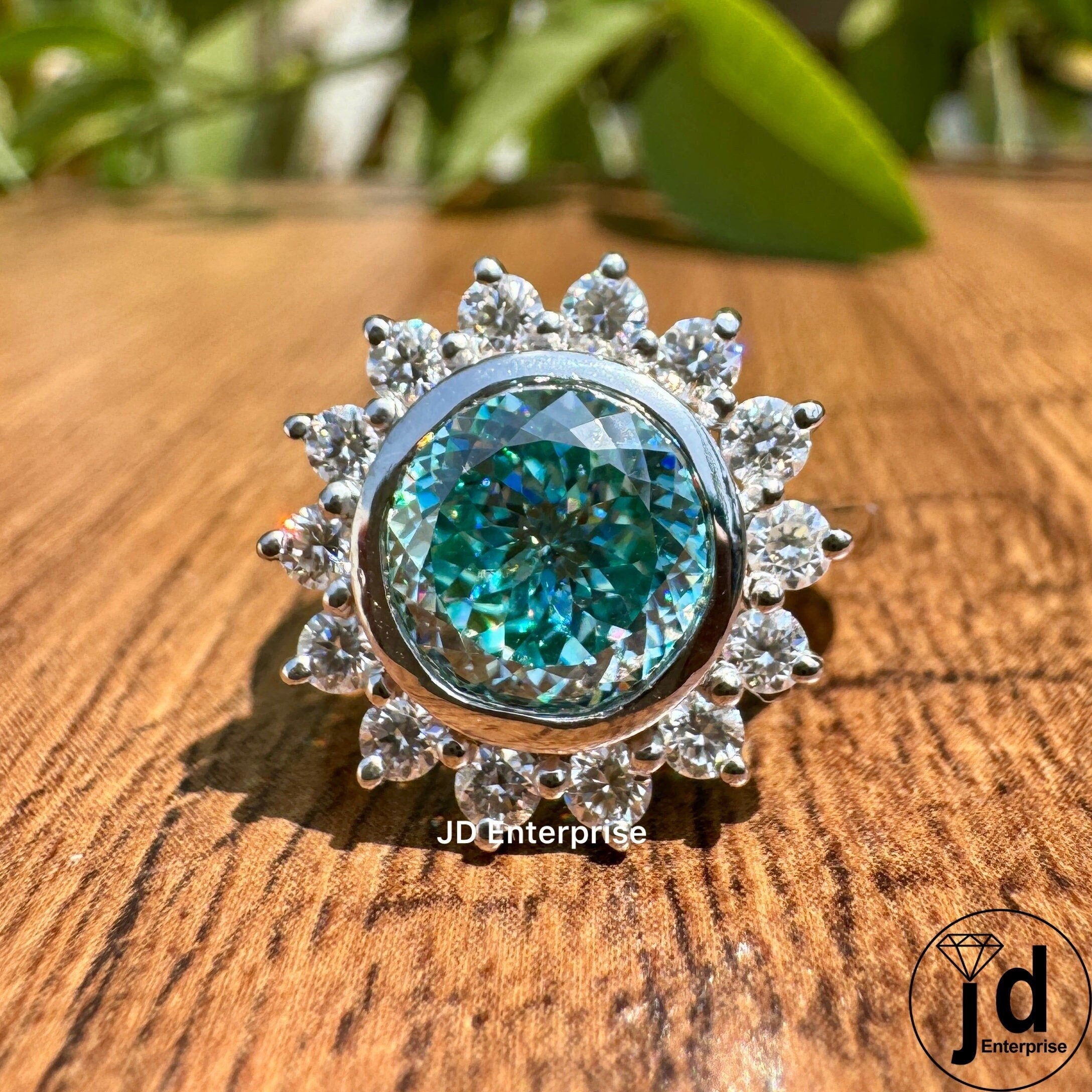 2.25 carat Cyan Blue Portuguese Cut Moissanite Engagement Ring, Antique Halo Ring for Women, Floral Style Wedding Ring, Bespoken Ring