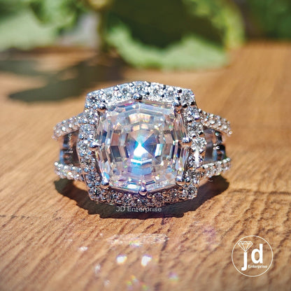 Antique 4.00 CT Colorless Cushion Step Cut Moissanite Engagement Ring, Halo Ring, Wedding Ring, Split Pave Bridal Ring, Anniversary Ring