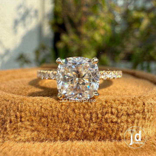 Cushion Moissanite Engagement Ring with Pave Cathedral Shank Setting, Wedding Ring for Her, Anniversary Gifts, Handmade Yellow Gold Ring