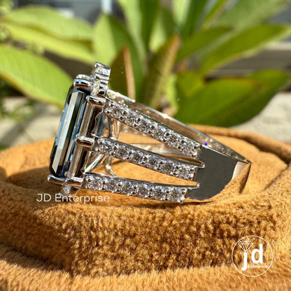 Large 6.70 CT Emerald Cut Royal Blue Moissanite Engagement Ring, Pave Split Shank Wedding Ring, Baguette & Round Halo Ring, Anniversary Gift