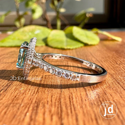 1.00 CT Blue Color Oval Cut Engagement Ring, Halo - Hidden Halo Moissanite Wedding Ring, Bridge Accent Ring, Anniversary Gifts