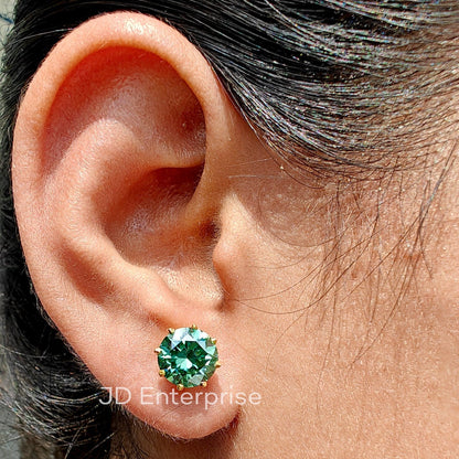 Green Moissanite Earrings, Moissanite Stud Earrings, 3.50 TW Round Moissanite Earrings, 8 Secure Prong, Vintage Bridal Earrings for Women