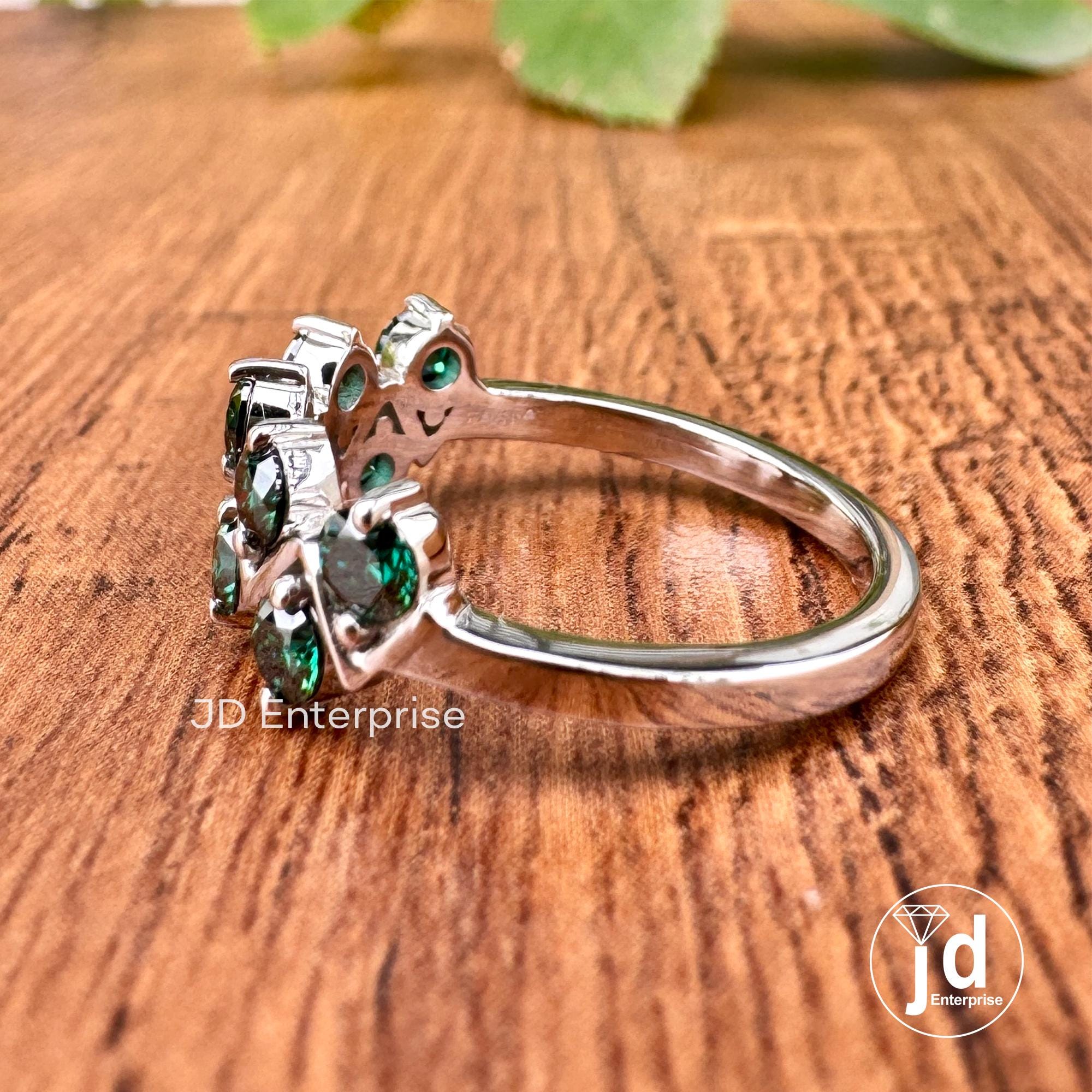 3.00 MM Round Cut Dark Green Moissanite Wedding Band, Half Eternity Anniversary Band, Matching Zigzag Band, Comfort Fit Engagement Band
