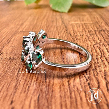 3.00 MM Round Cut Dark Green Moissanite Wedding Band, Half Eternity Anniversary Band, Matching Zigzag Band, Comfort Fit Engagement Band