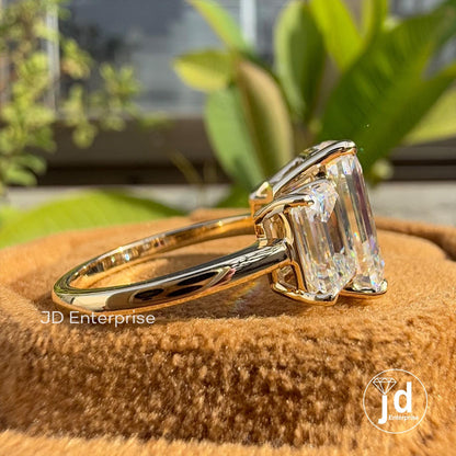 Three Stone Emerald Cut Moissanite Engagement Ring, 6.50 TCW Colorless Emerald Cut Wedding Ring, Claw Prongs, Bridal Ring, Anniversary Gifts