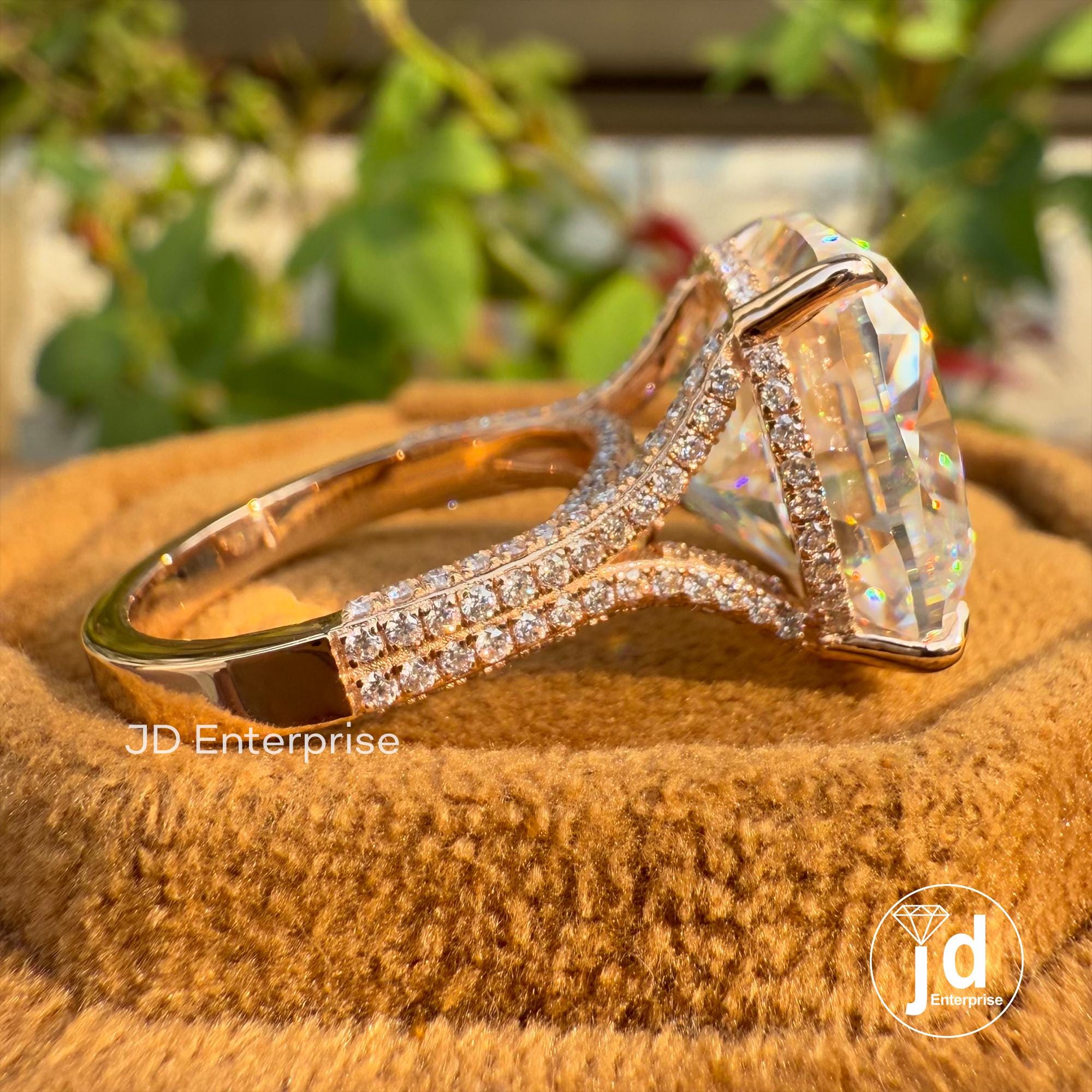 Large 14.50 CT Cushion Cut Moissanite Ring, Hidden Halo Engagement Ring, Pave Split Shank Celebrity Style Wedding Ring, Solid Rose Gold Ring