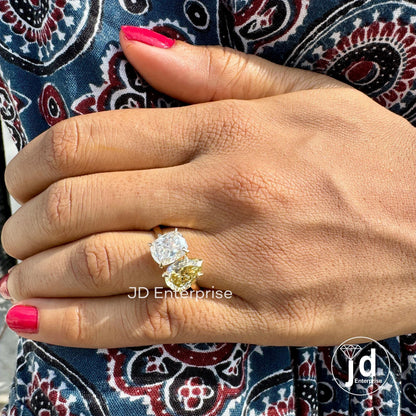Cushion & Pear Cut Moissanite Ring, Toi Et Moi Engagement Ring, Canary Yellow or Colorless Two Stone Anniversary Ring, Vintage Wedding Ring