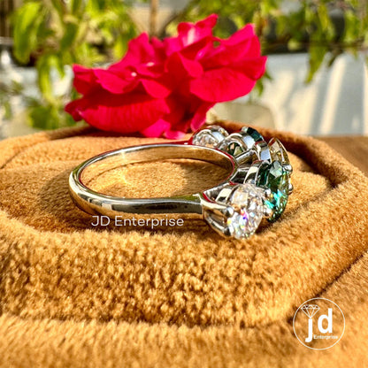 3.50 TCW Malti Color Five Stone Moissanite Wedding Ring, Yellow/Green/Colorless Round Cut Engagement Ring, Cocktail Anniversary Ring, Bridal